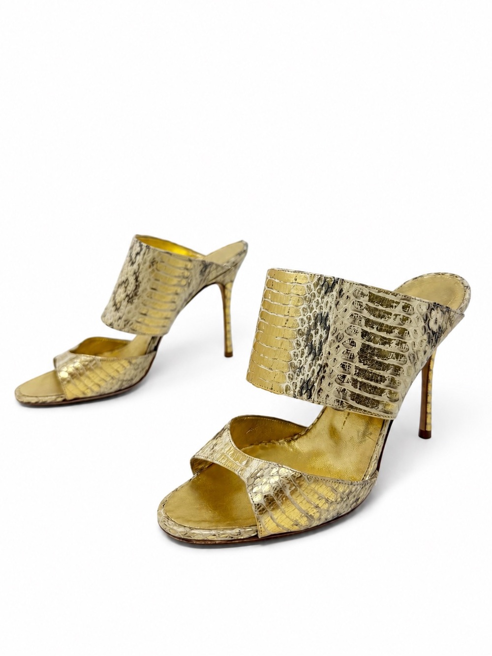Manolo Blahnik Ripta Gold Snakeskin Mule Heels Sandals Womens Size EU 36